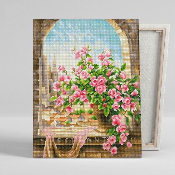 아이러브페인팅 DIY캔버스형 보석십자수 40x50cm 분홍장미화병